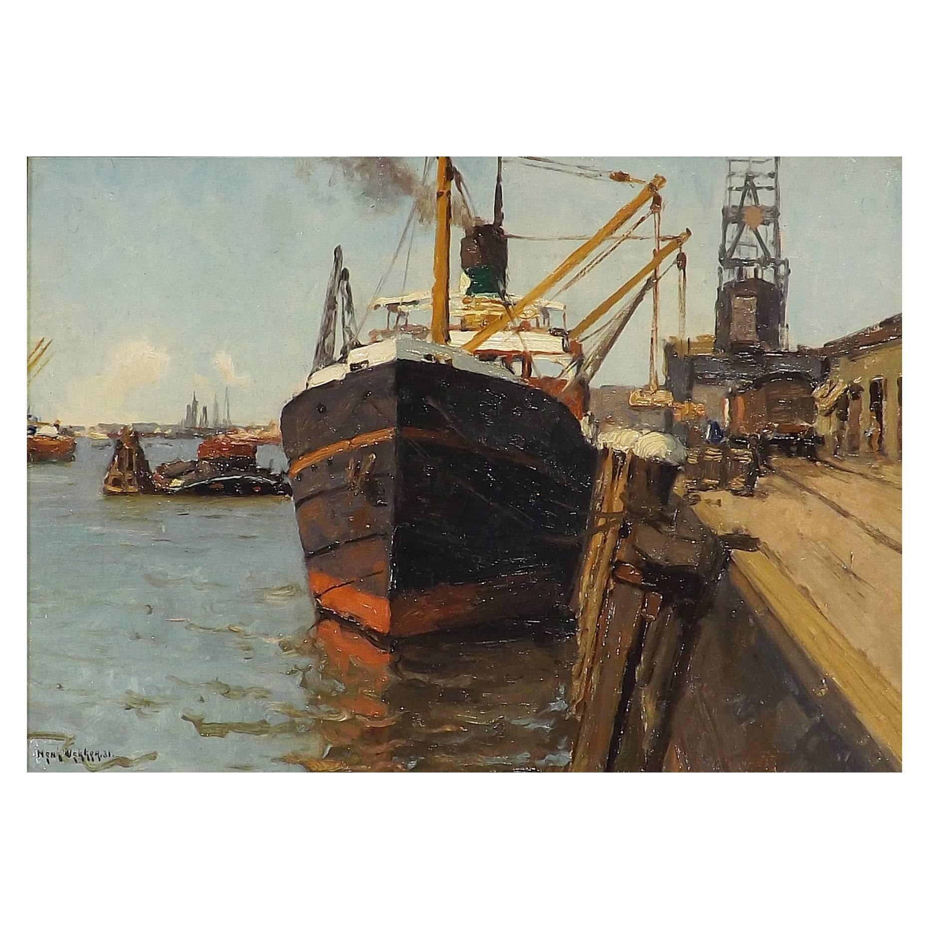 'Port of Call' Harbor Scene by Henk Dekker, Dated 1931 For Sale