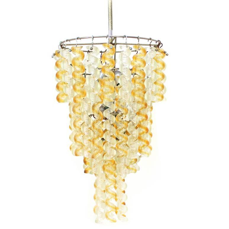 Italian Chandelier Twisted Murano Glass in Amber, White, Venini Attributed 1950s