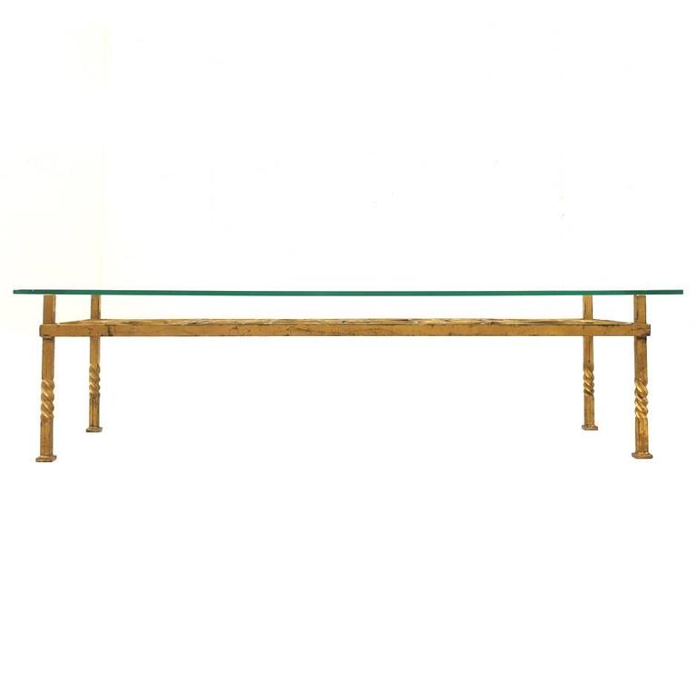 Midcentury Gold Plated Iron and Glass Sofa Coffee Table, 1950s, Unique Patina For Sale