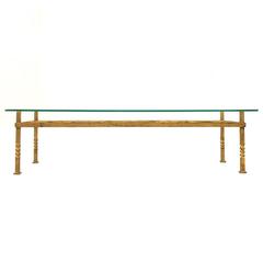 Midcentury Gold Plated Iron and Glass Sofa Coffee Table, 1950s, Unique Patina