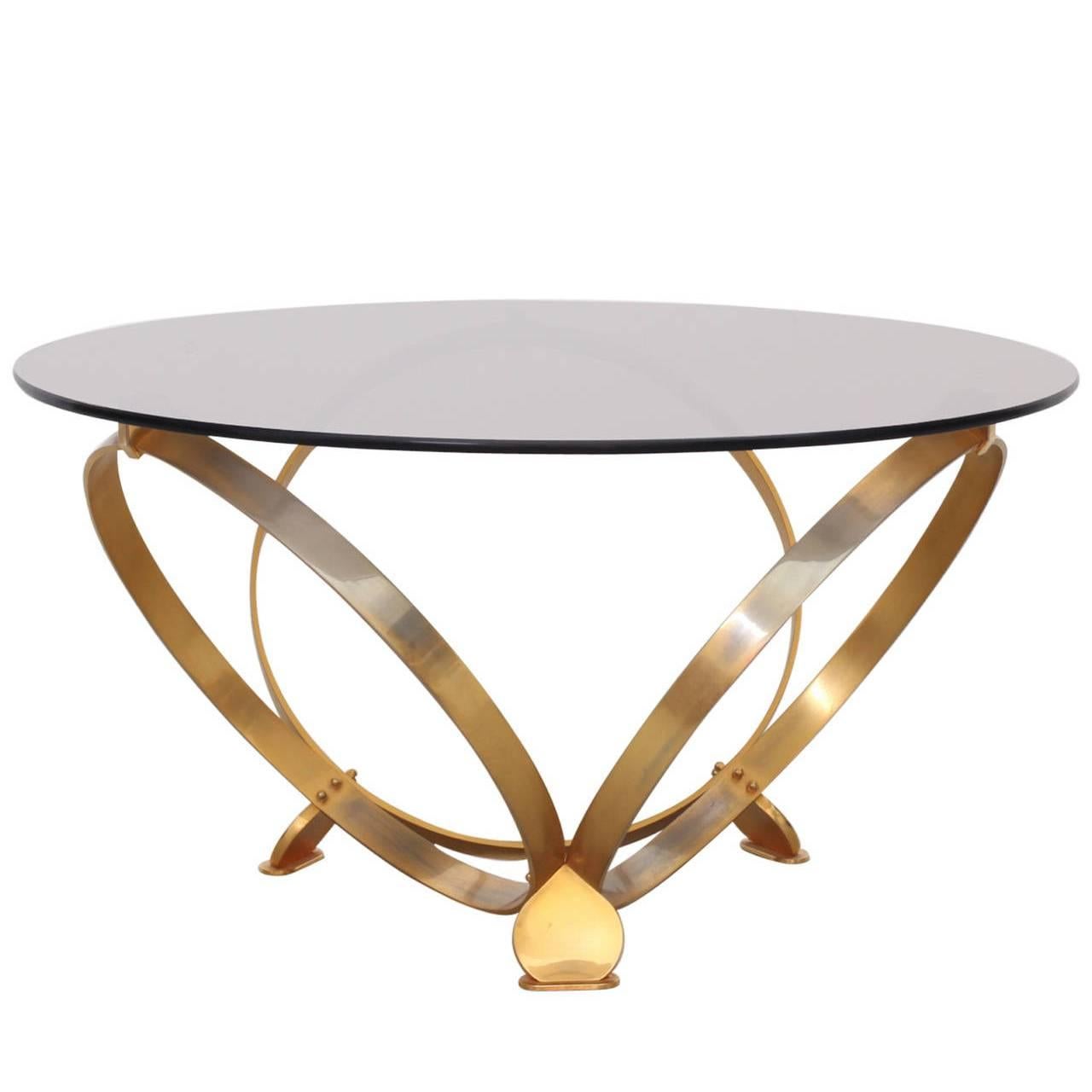 Round Brass Geometric Rings Coffee Table with Glass Top For Sale