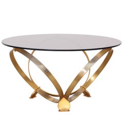 Vintage Round Brass Geometric Rings Coffee Table with Glass Top