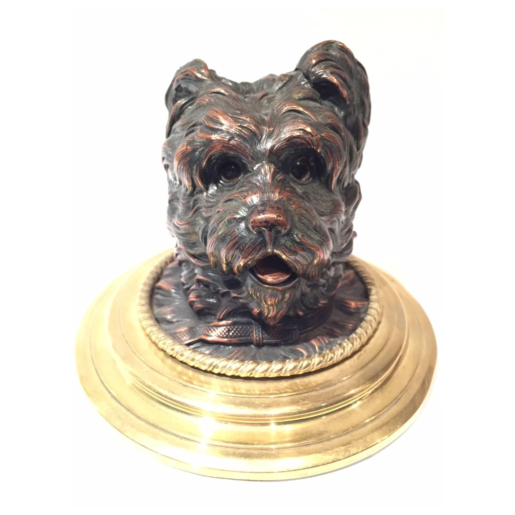 Late 19th or Early 20th Century Yorkshire Terrier Dog Bronze French Inkwell