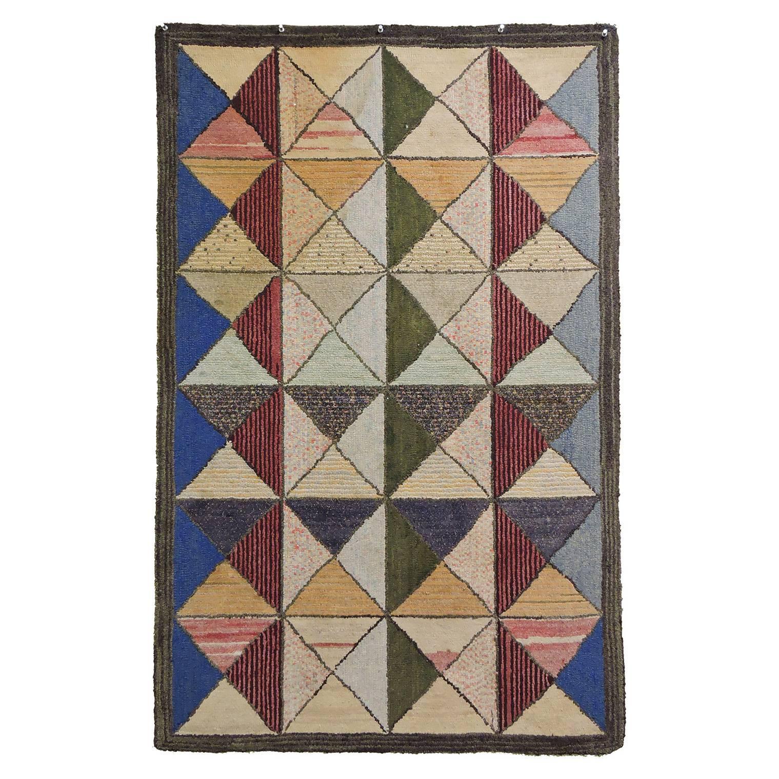 Exceptionally Graphic and Colorful Vintage Geometric Hook Rug For Sale