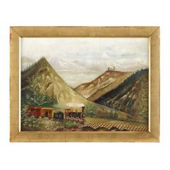American School Folk Art Painting of a Train in the Mountains