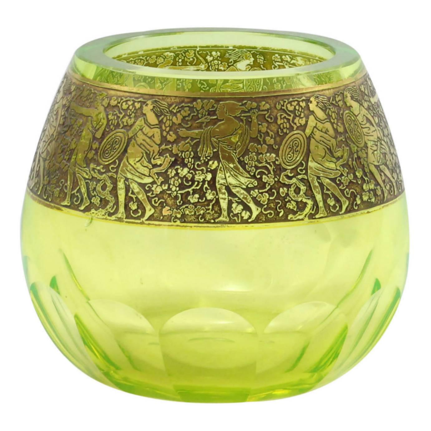 Art Deco Uranium Glass Vase with Gold Frieze by Moser For Sale