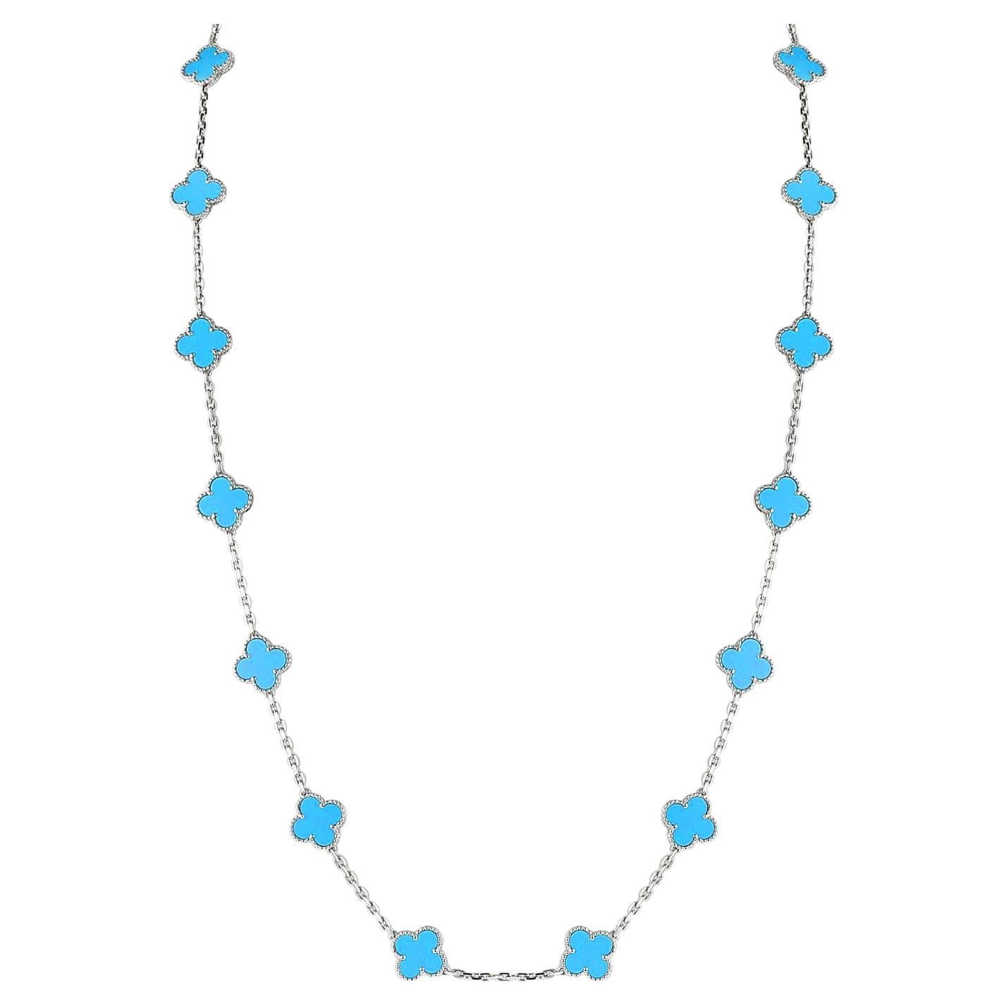 Van Cleef & Arpels 20 Motif Turquoise Vintage Alhambra Necklace 18k White Gold