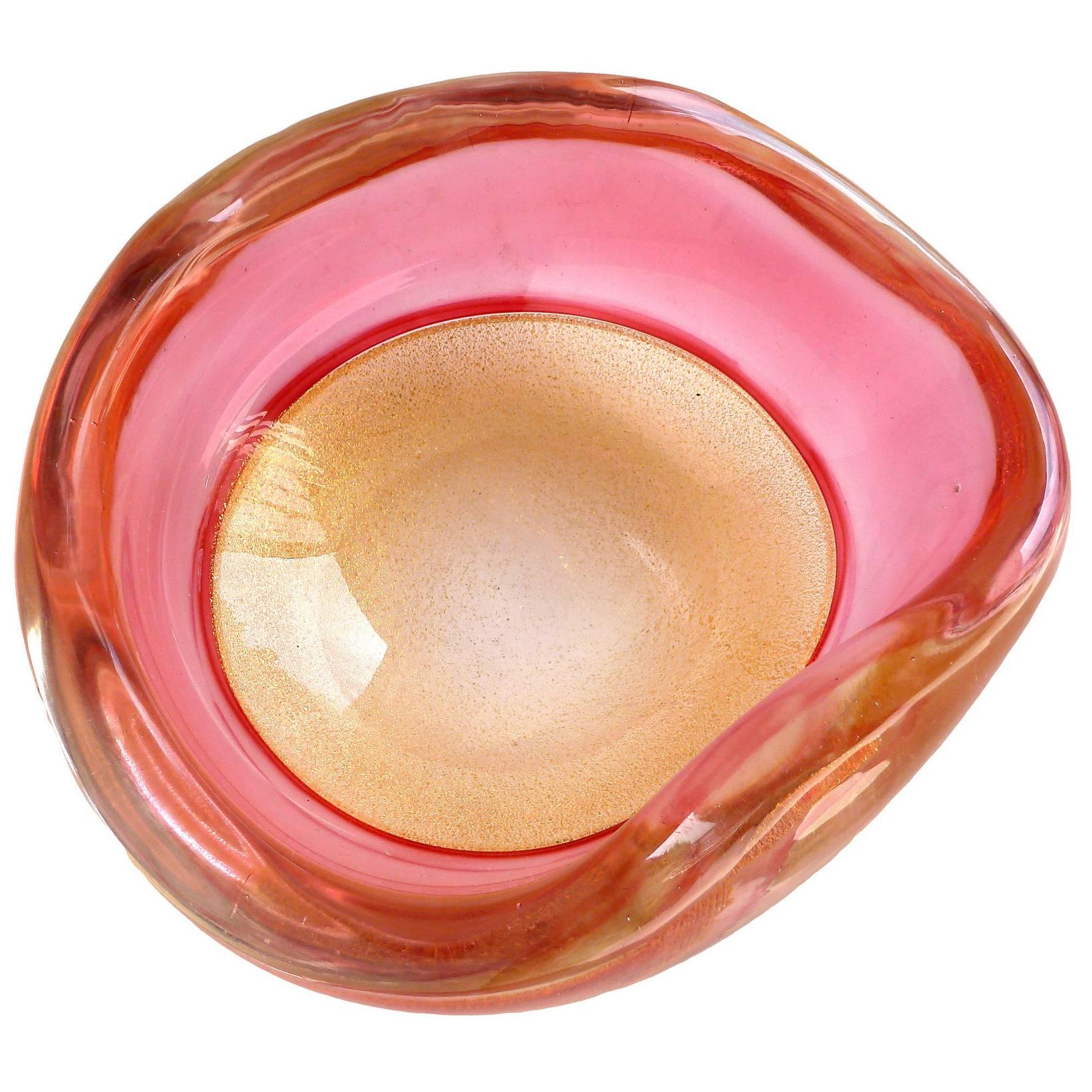Archimede Seguso Murano Gold Flecks Pink Incalmo Rim Italian Art Glass Bowl