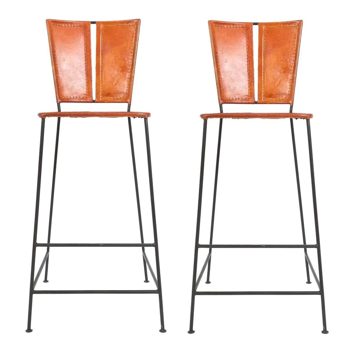 Pair of CustomMade Leather Bar Stools France, circa 1960 For Sale at