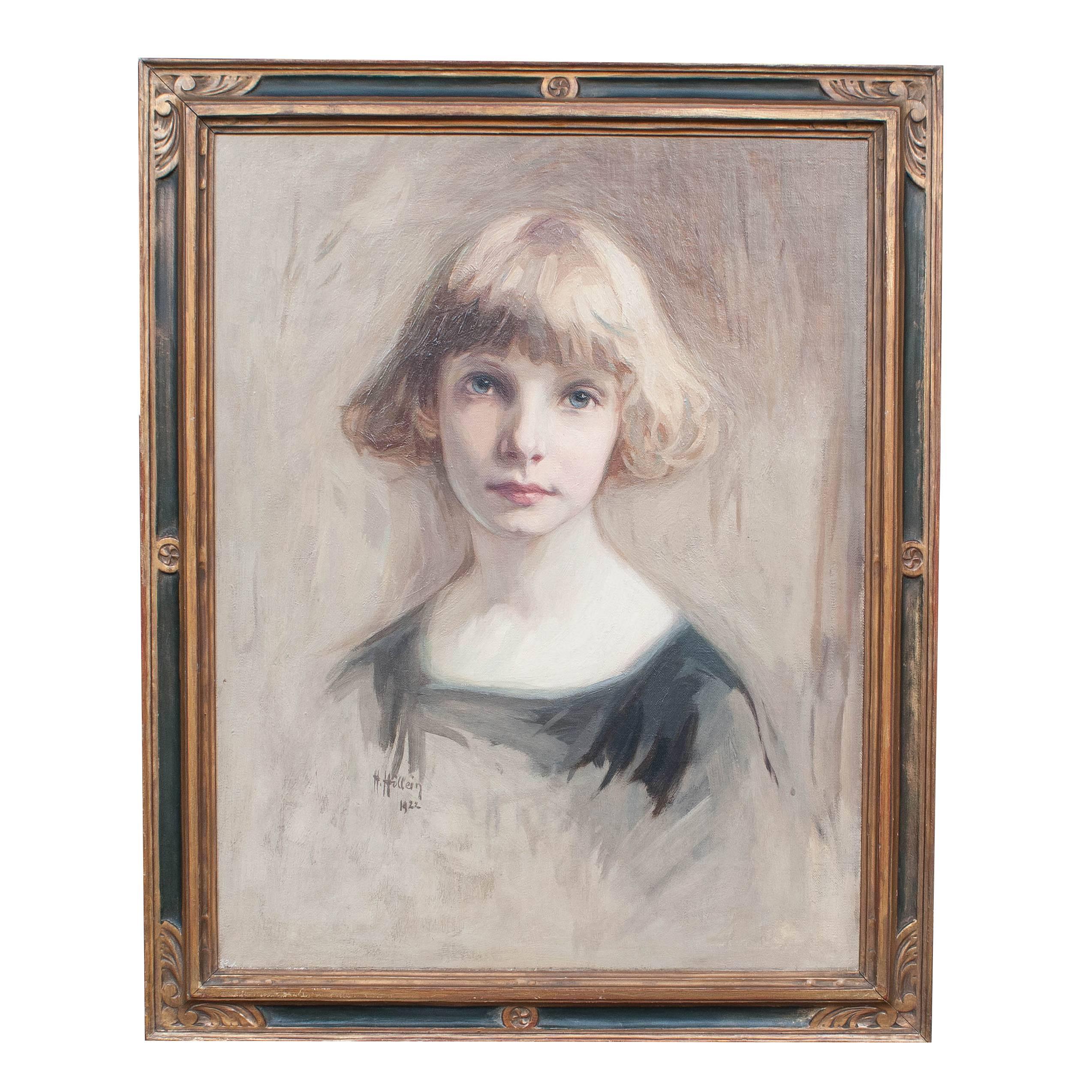 Oil on Canvas, Young Girl, 1922 by Heinrich Hollein For Sale