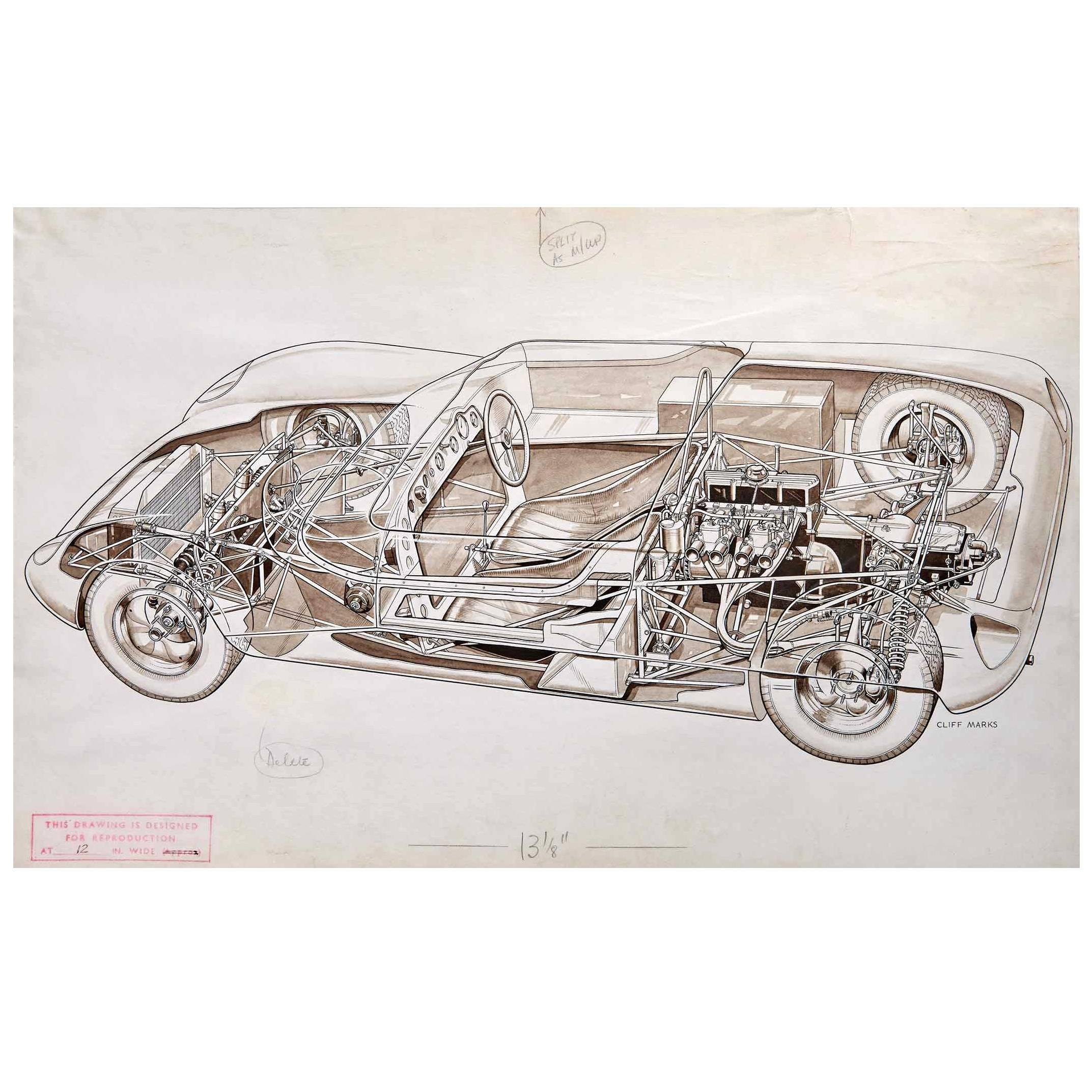 Original "Cutaway" Drawing of the Lotus 23 Racing Car by Cliff Marks