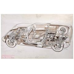 Vintage Original "Cutaway" Drawing of the Lotus 23 Racing Car by Cliff Marks