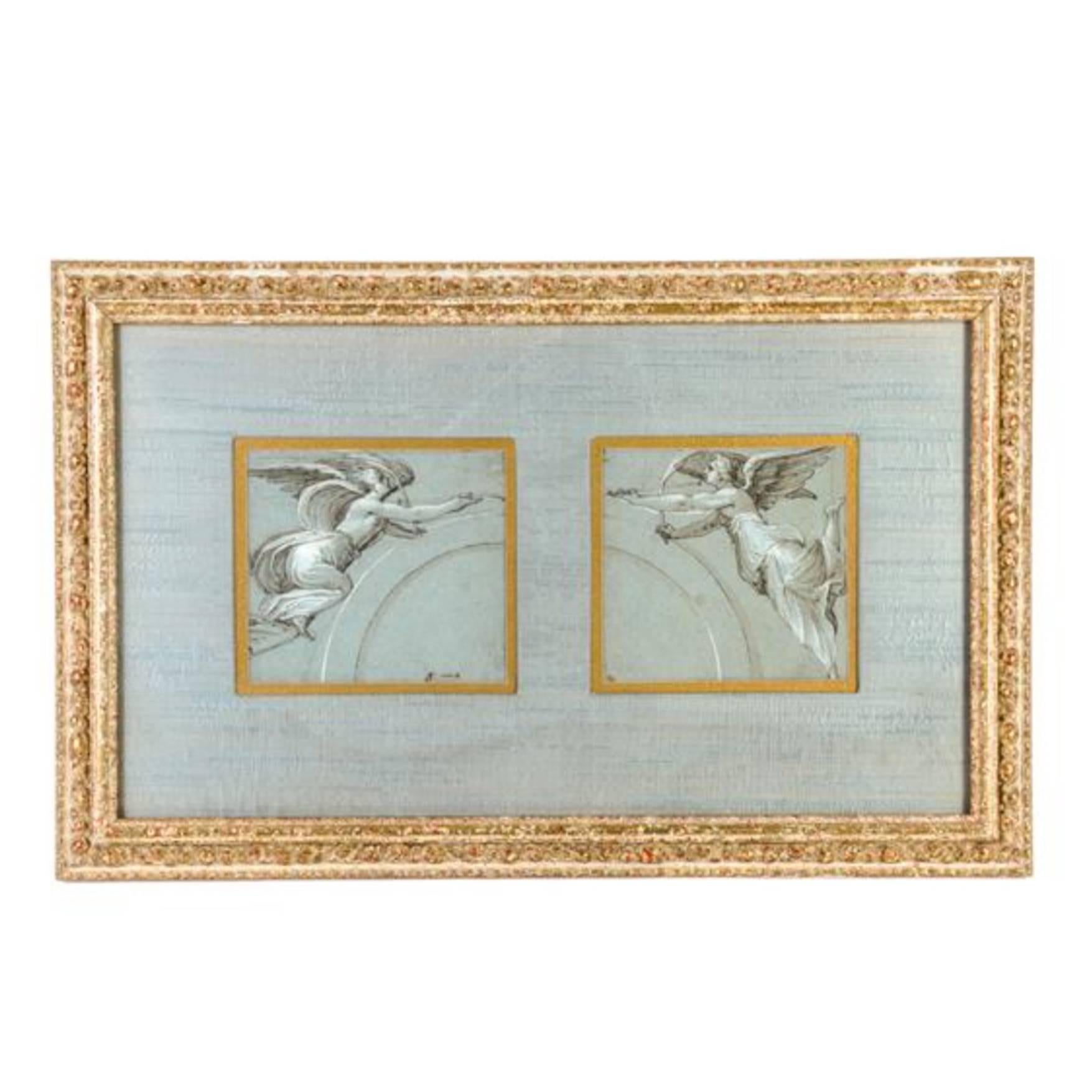 Charming 18th Century French Pastel, "Heralding Angels" in Giltwood Frame