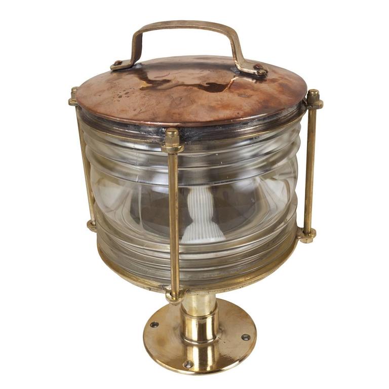 Copper and Brass Ship's Post Light with Fresnel Lens, MidCentury For