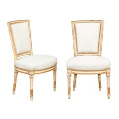 Pair of French Louis XVI Style Painted and Gilded Upholstered Side Chairs, 1860s 3