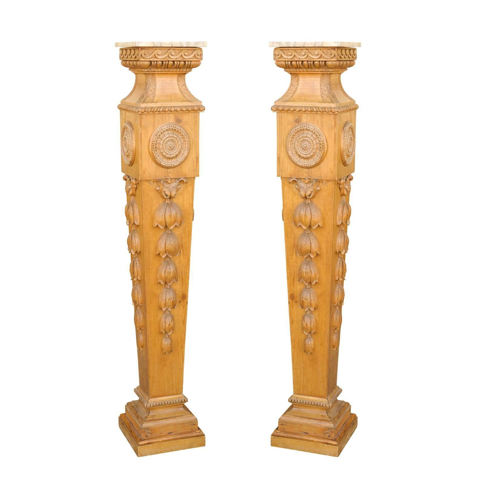 Pair of Tall English Mid-19th Century Carved Pedestals with Marble Top