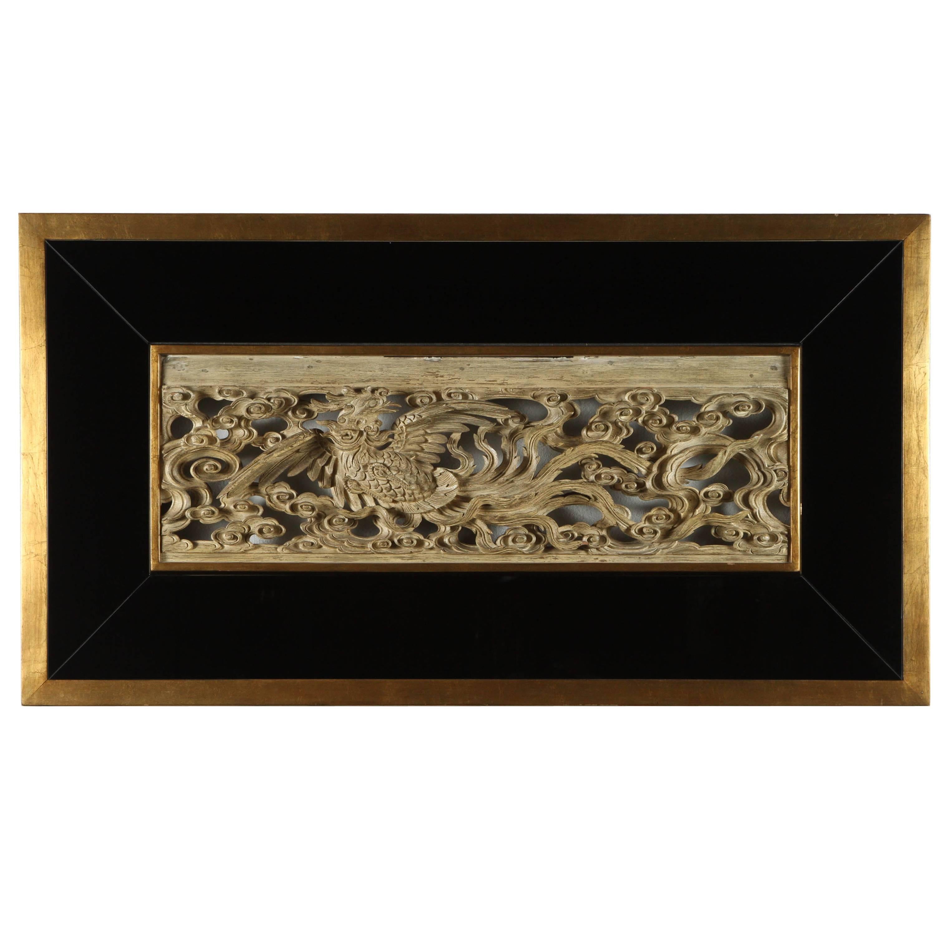 Beautiful Oriental Carving Framed in Black Mirror and Gilded Wood For Sale