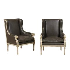 Vintage Pair of French Wingback Painted Wood Leather Chairs