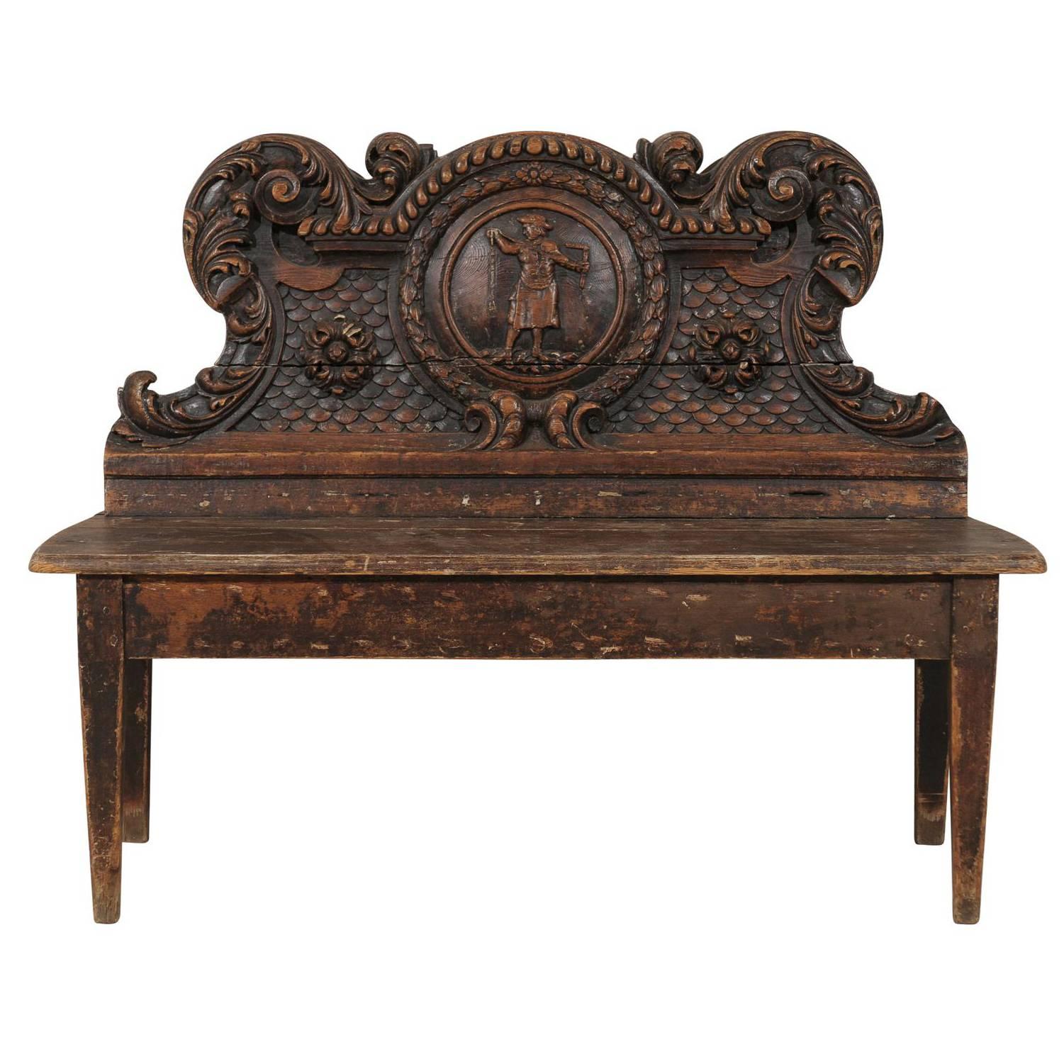 An Italian 18th Century Richly-Carved Wood Bench with Ornate Backrest  
