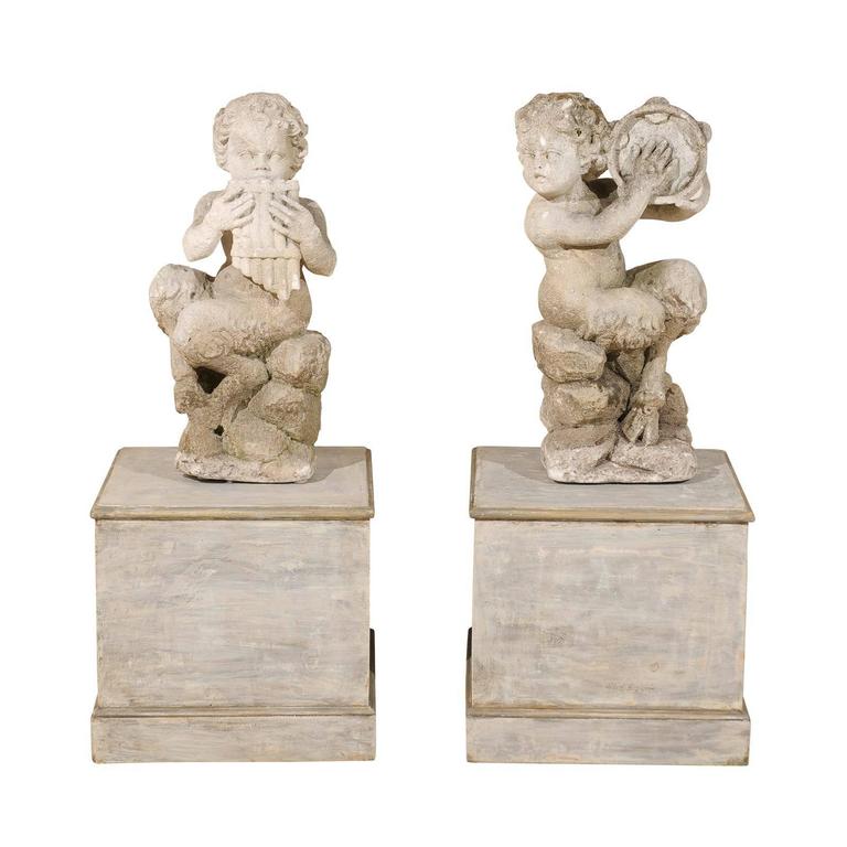Pair of Italian Carved Panisci Figures on Wooden Base For Sale at 1stdibs