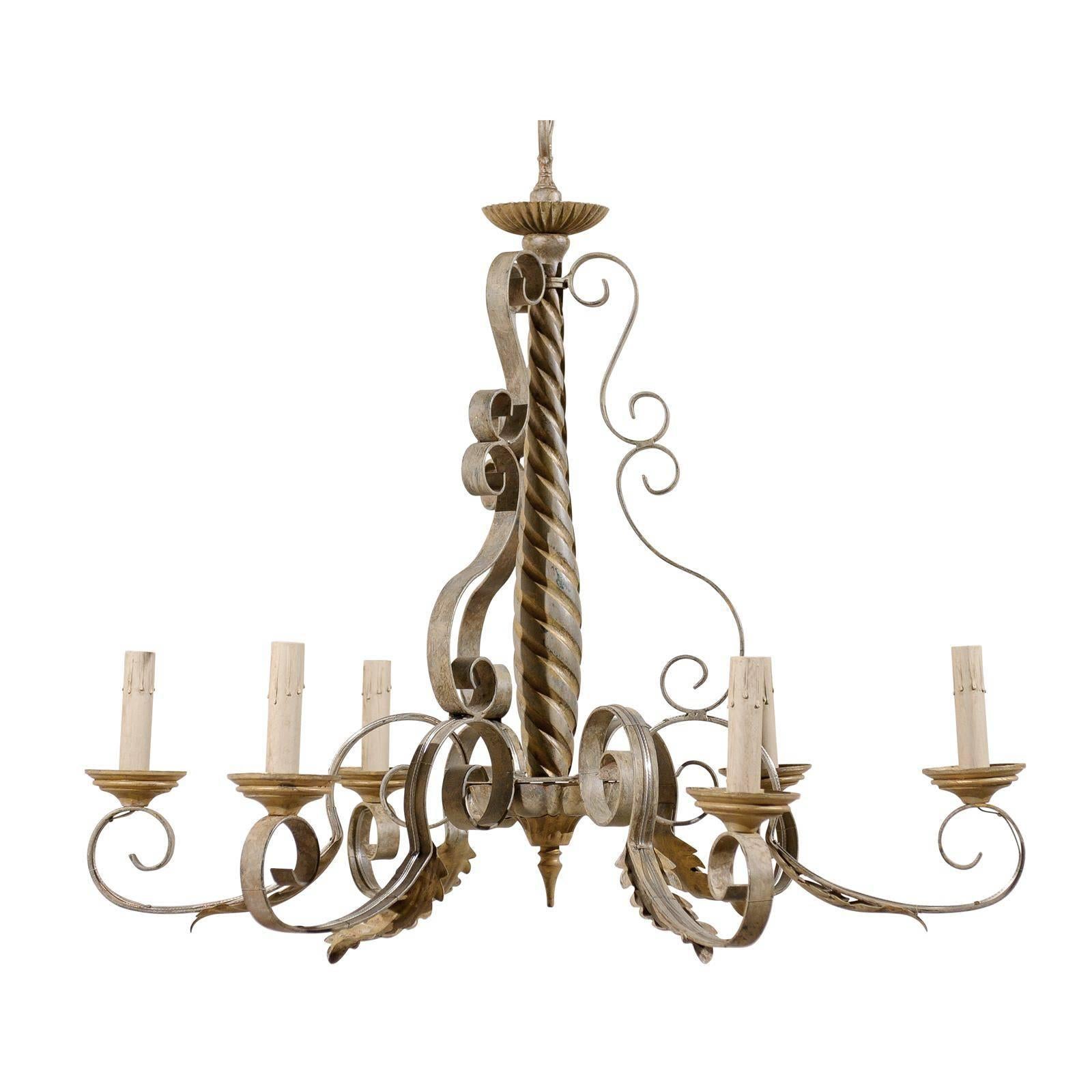 French Six-Light Vintage Painted Chandelier