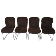 Set of Four Cidue Chrome and Chocolate Suede Italian Dining Chairs