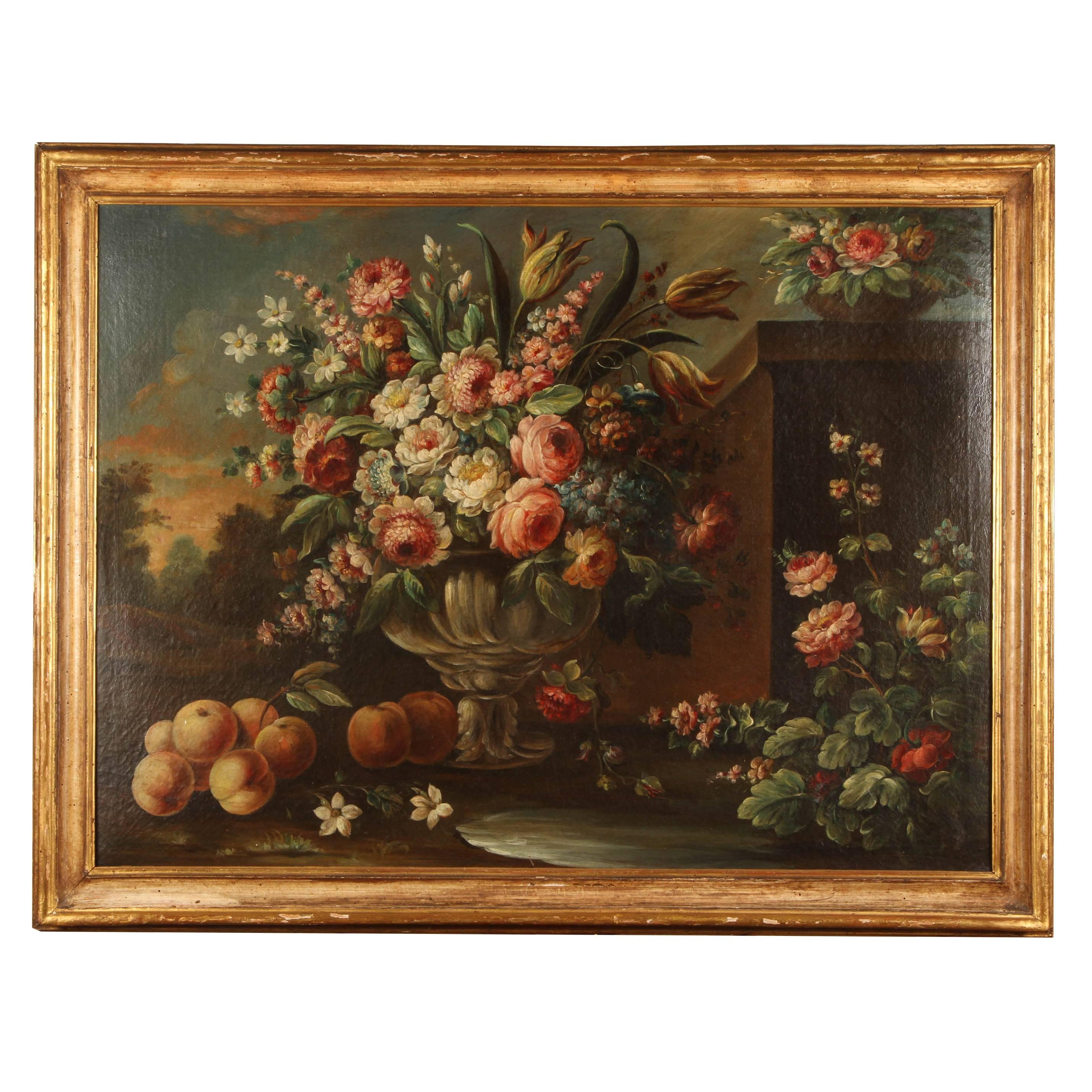 Paire de natures mortes d'école italienne du 19ème siècle - Grande peinture à l'huile sur toile avec en vente