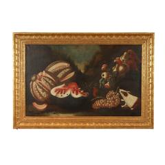 A Charming Italian Naive Oil Canvas Still Life of Melons c. 1800