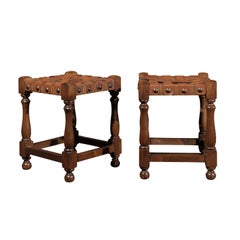 French Wooden Stool with Woven Leather Top and Nail Heads, circa 1920