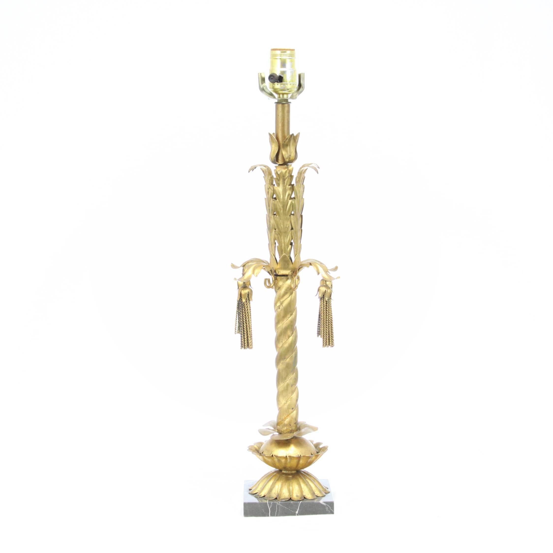 Hollywood Regency Style Gilt Italian Tassel Lamp Marble Base For Sale