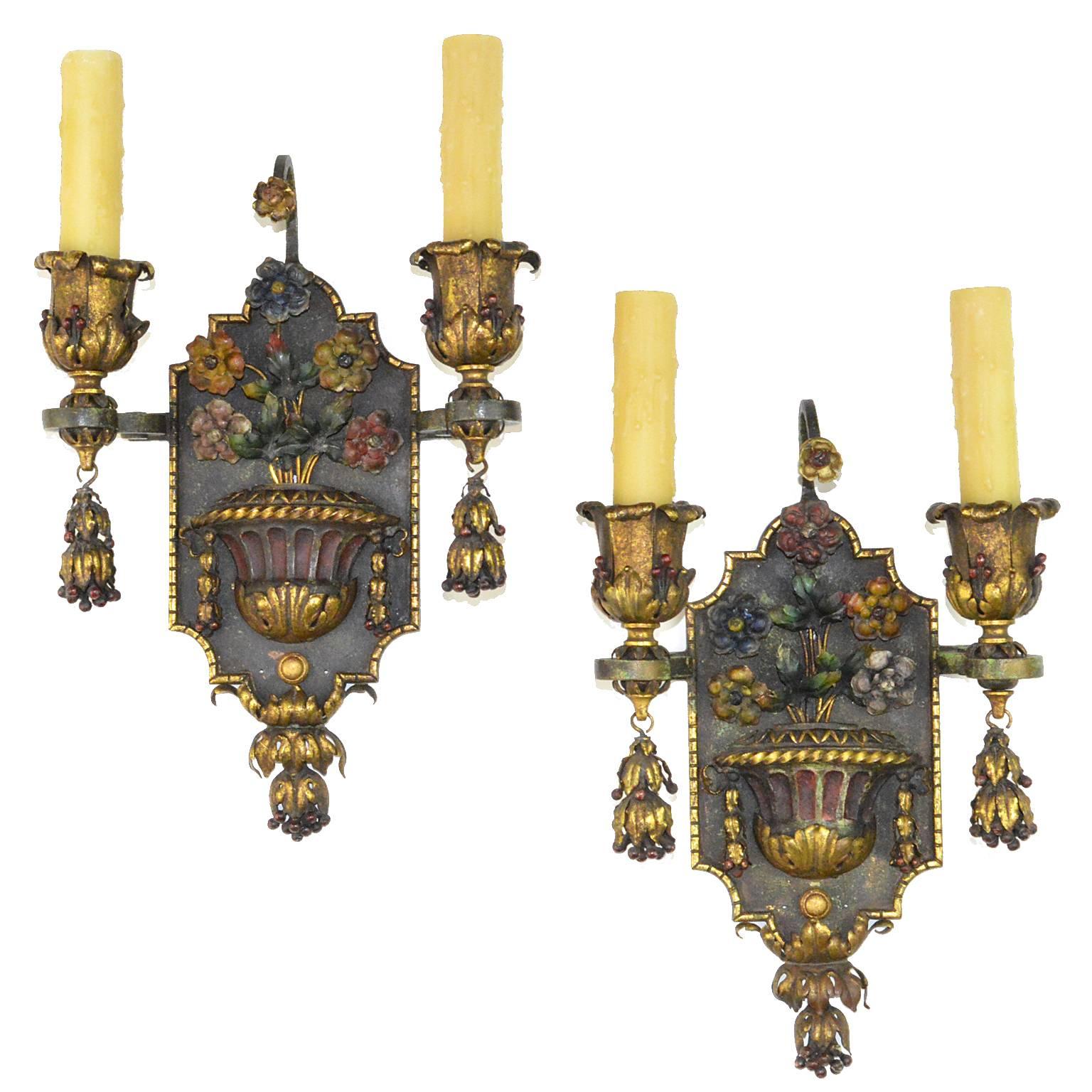 Pair of Painted and Gilt Iron Two-Arm Wall Light Sconces For Sale