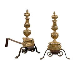Pair of 18th-19th Century English Wrought Iron and Brass Andirons 1