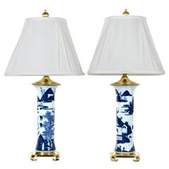 Pair of Chinese Blue and White Gu Vase Table Lamps