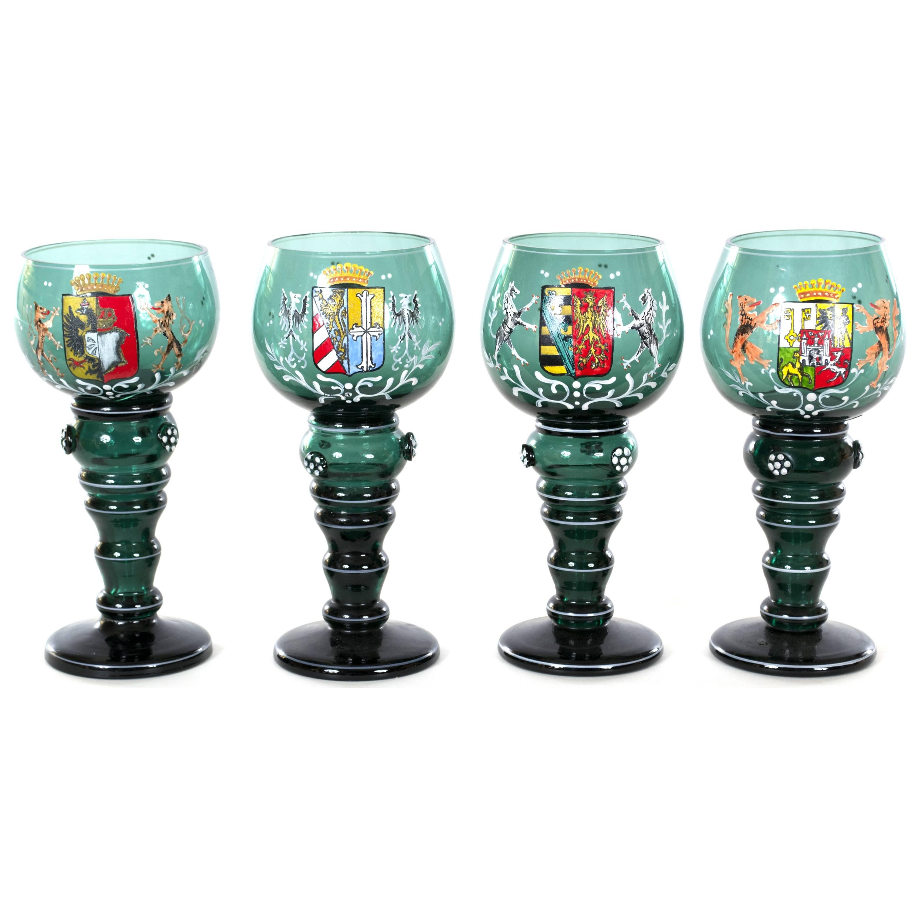 Set of Four Czech Glass Goblets with Coats of Arms