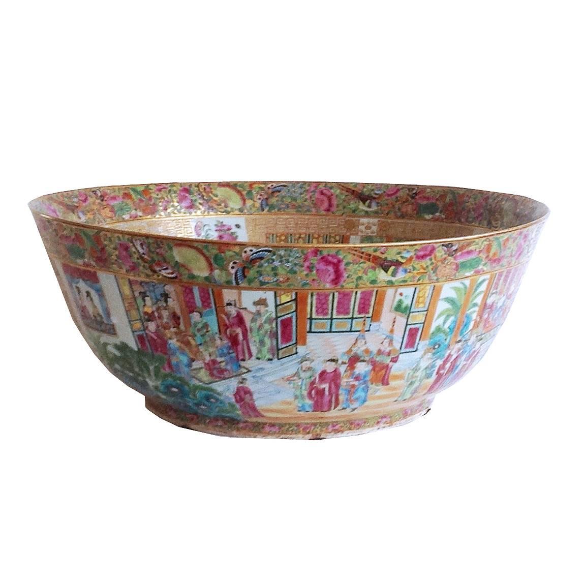 Chinese Export Porcelain Massive Rose Mandarin Punch Bowl For Sale
