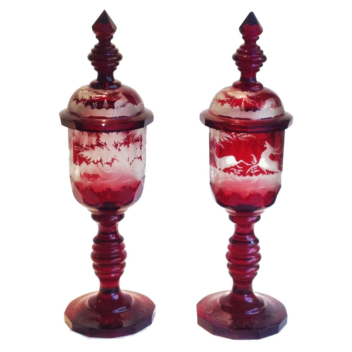 German Czech Bohemian Pair of Ruby-Stained Covered Goblets