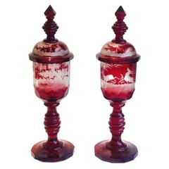 German Czech Bohemian Pair of Ruby-Stained Covered Goblets