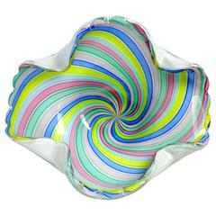 Fratelli Toso Murano Rainbow Ribbons Italian Art Glass Centerpiece Bowl