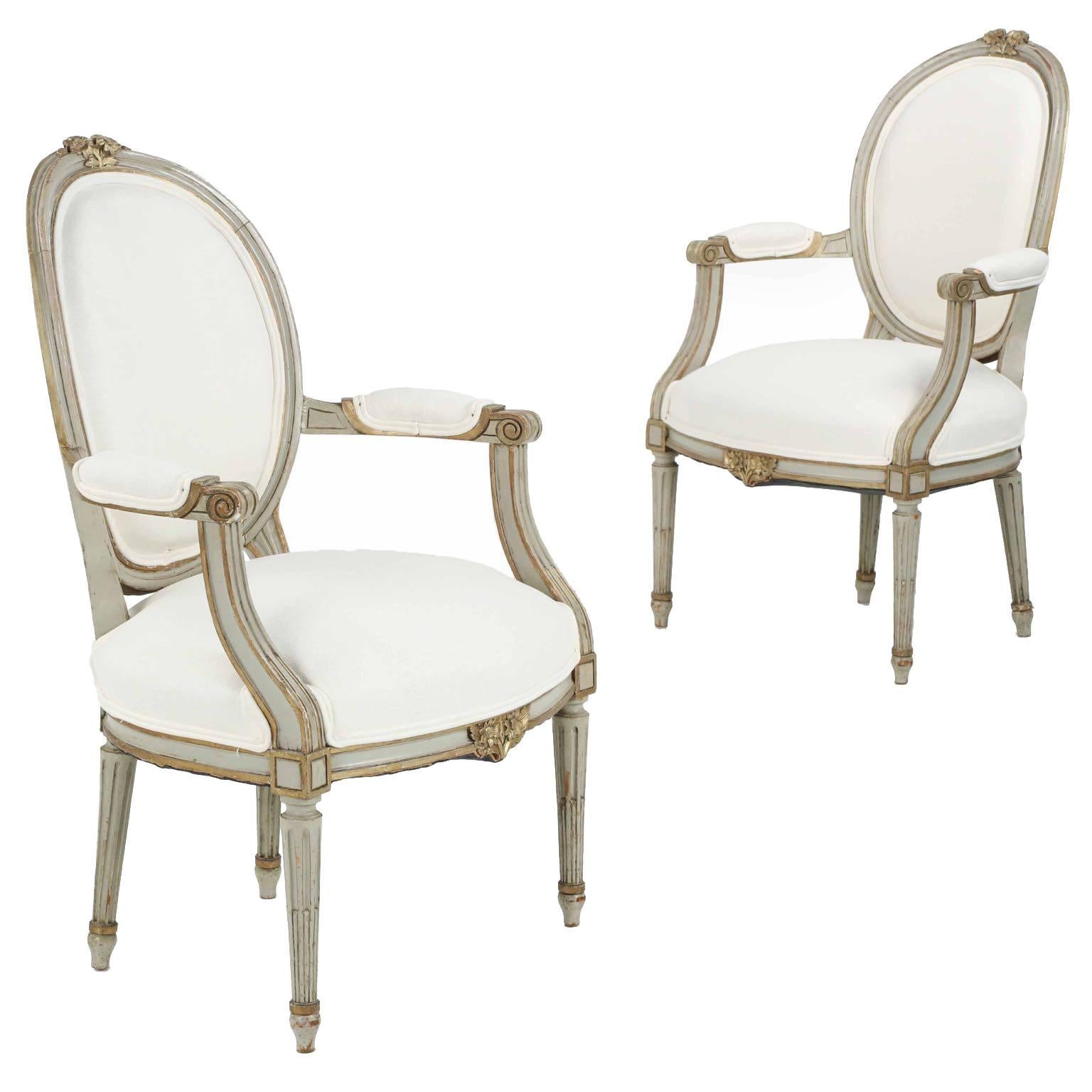 Pair of French Louis XVI Style Painted Antique Fauteuil Armchairs