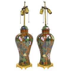 Pair of Hand-Painted French Porcelain Gilt Bronze-Mounted Table Lamps