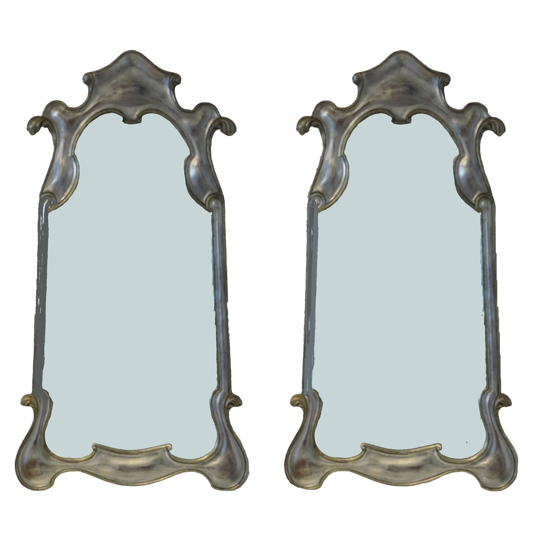 Hollywood Regency Silver gilt Carved Wooden Mirrors A Pair