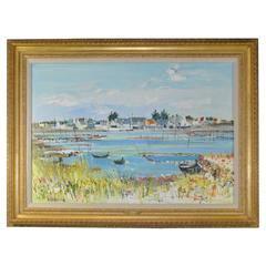 Oil on Canvas of Beach Harbor Scene by Yolande Ardissone