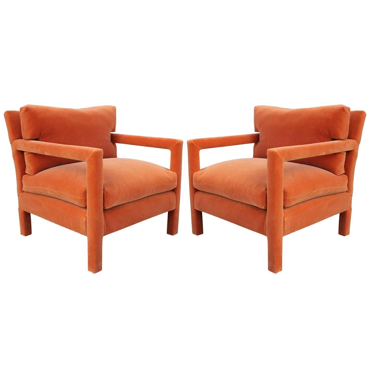 Fabulous Pair of Milo Baughman Parsons Style Chairs in Orange Mohair Velvet