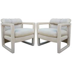 Modern Pair of Drexel Barrel Back Parsons Chairs in Neutral Fabric