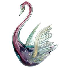 Alfredo Barbini Murano Sommerso Purple Gold Flecks Italian Art Glass Swan