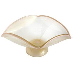 Vintage Alfredo Barbini Murano Pink Rim Gold Flecks Italian Art Glass Centerpiece Bowl
