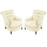 Pair of Ivory Silk Blend Button Tufted Rolled Back Lounge Chairs