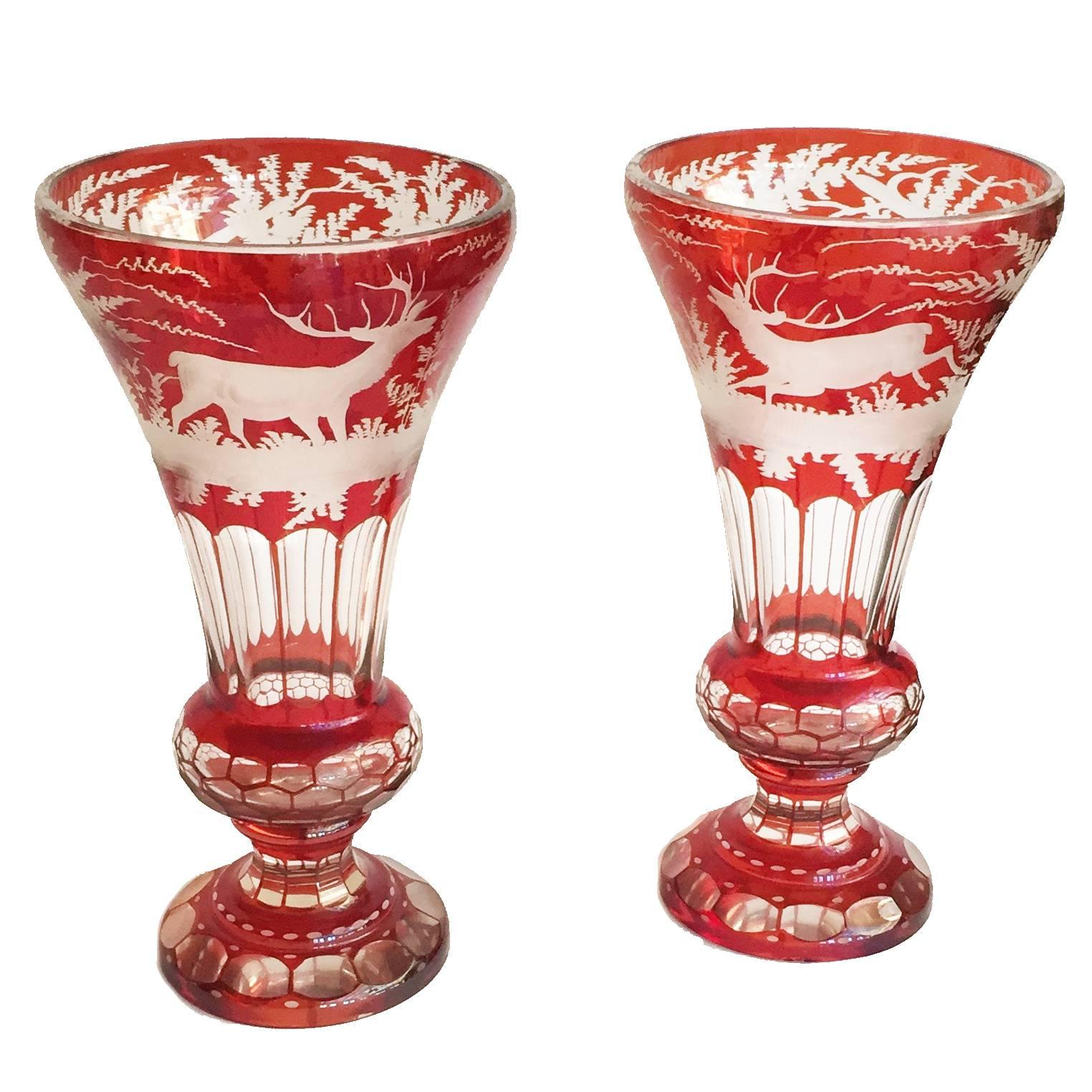 German-Czech Bohemian Pair of Ruby Red and Clear Glass Mantel Vases For Sale