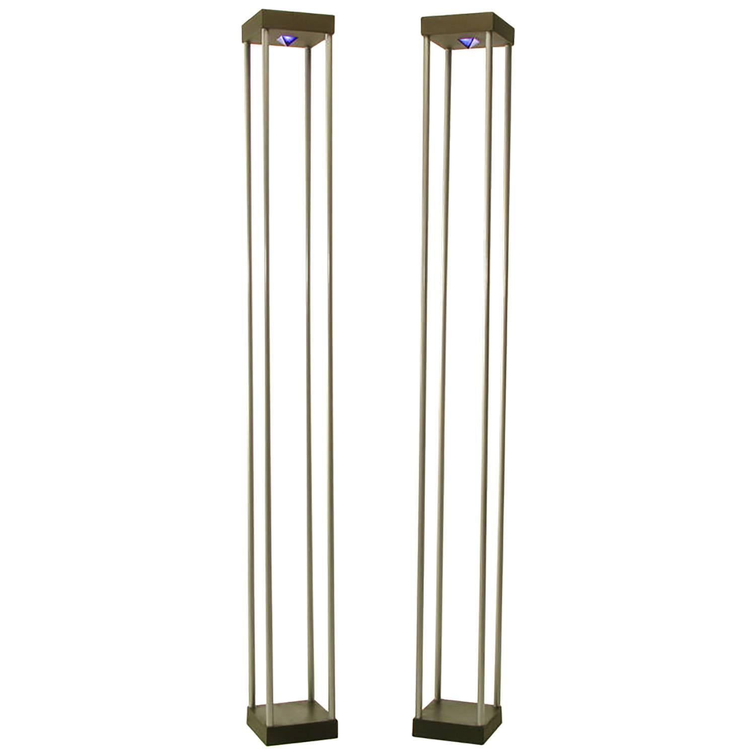 Pair of Memphis-Style Postmodern Floor Lamps with Cobalt Blue Glass Pyramids For Sale