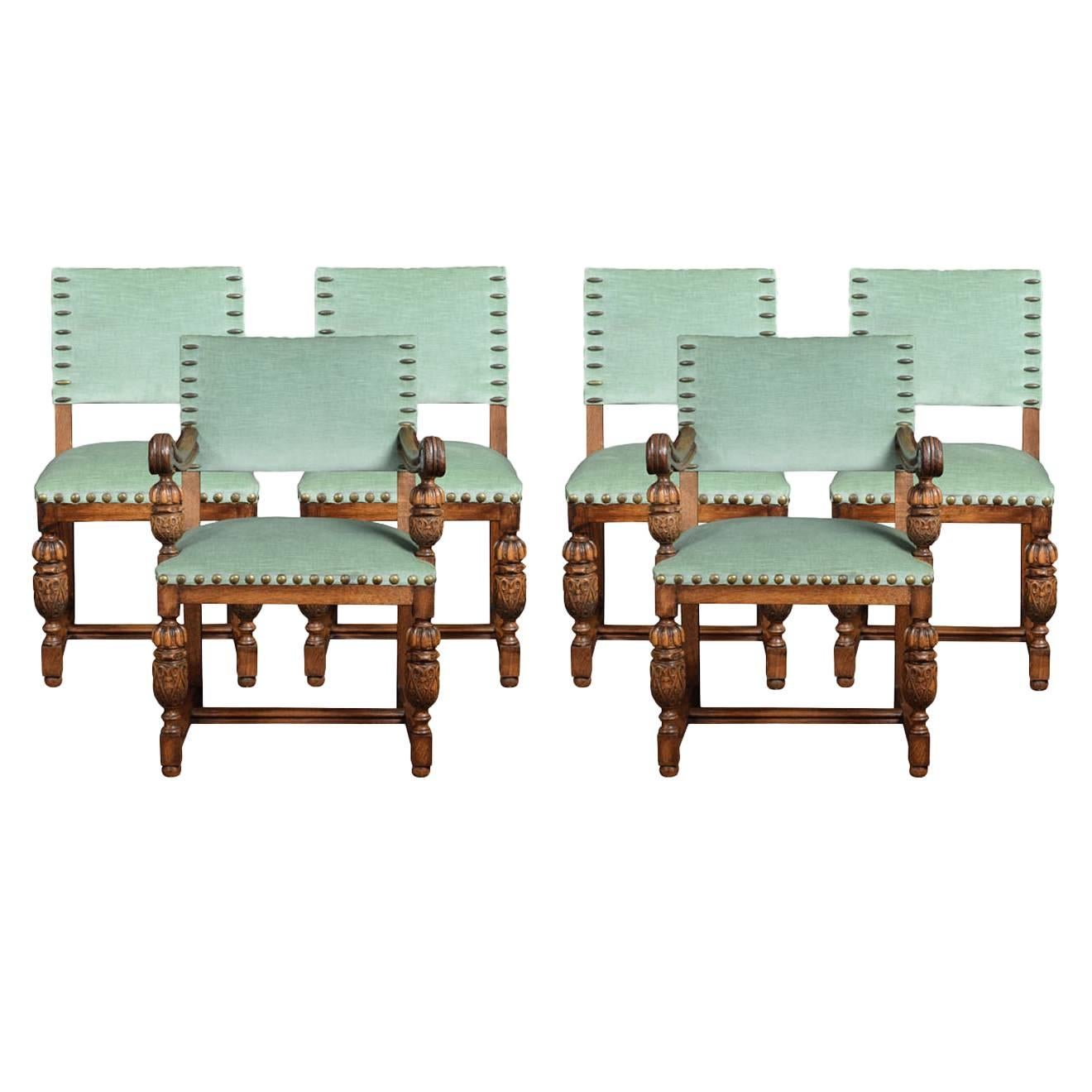 Set of Six Carved Oak Dining Chairs
